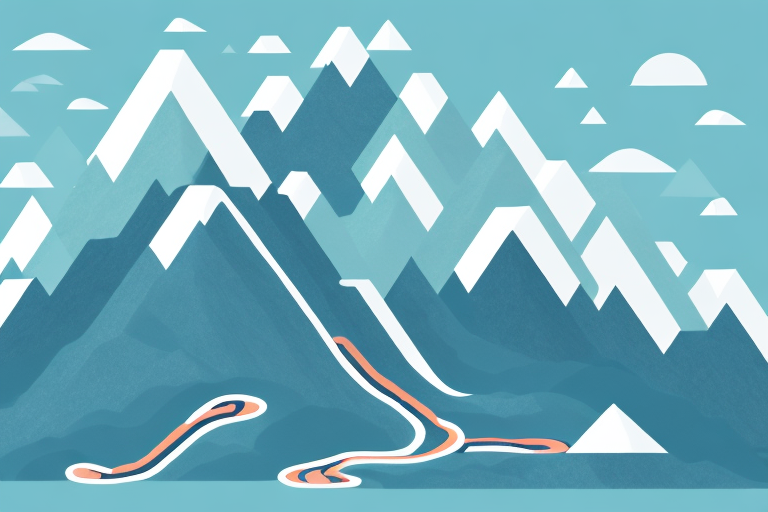 A mountain range with a winding path leading to the peak