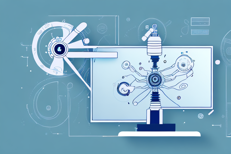 A computer screen with a robot arm interacting with it