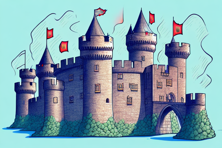 A castle with a moat and drawbridges