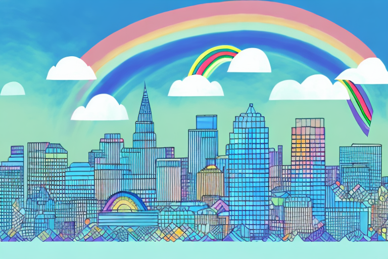 A city skyline with a rainbow in the background