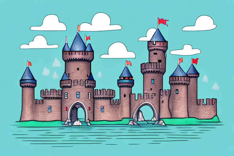 A castle with a moat and drawbridges