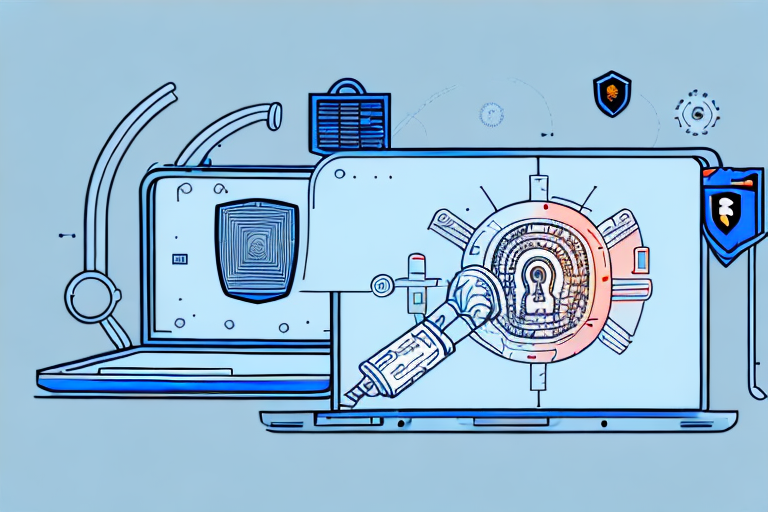 A computer system with a security shield and a robotic arm scanning for threats