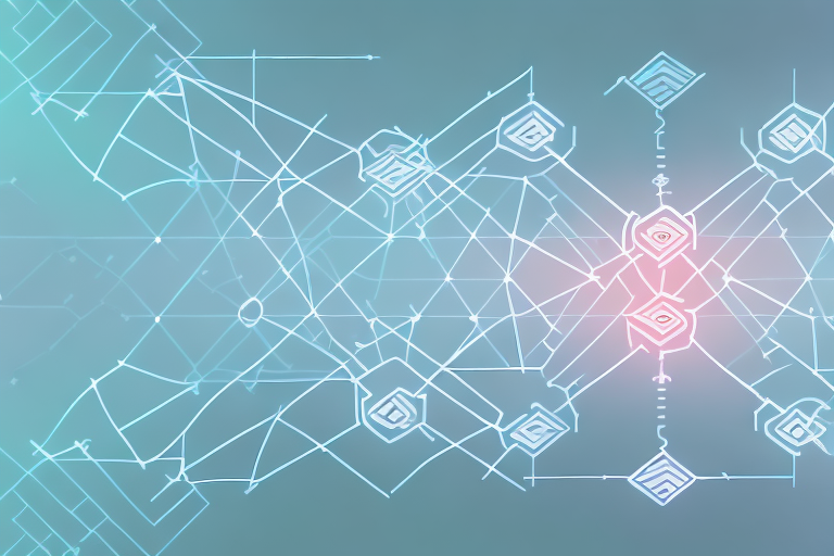 A computer network with arrows indicating the flow of threat intelligence between different nodes