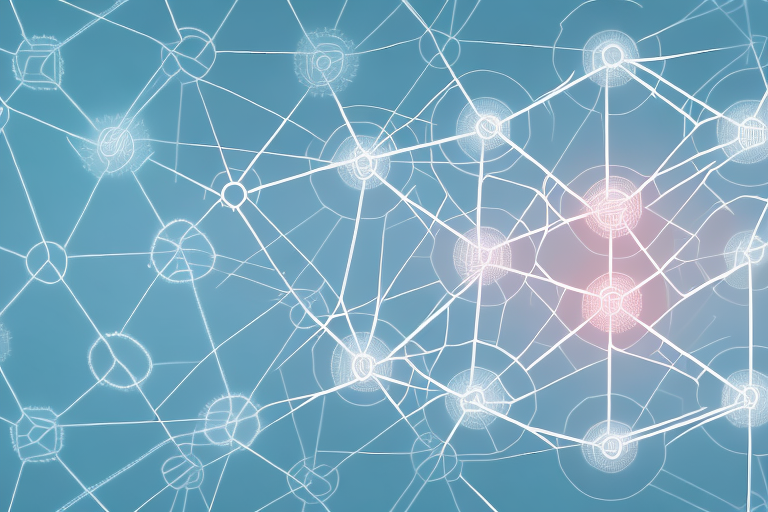 A complex network of interconnected nodes representing the various components of a threat identification workflow